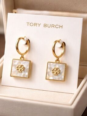 Tory Burch Gold and Mother-of-Pearl Square Logo Drop Earrings